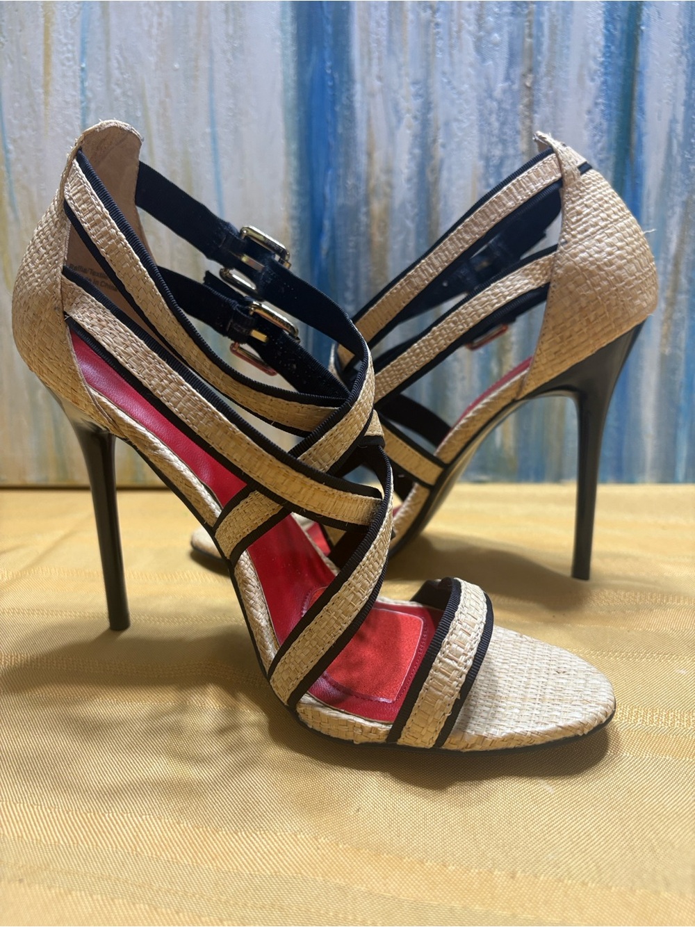 Charles Jourdan Black and Natural Strappy Wedge Sandals with Red Insole